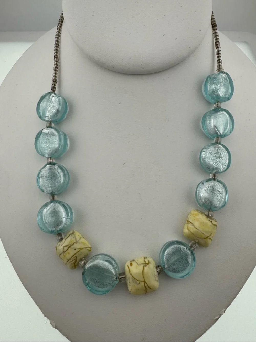 Aqua Glass & Cream Marbled Foil Glass Bead Necklace 8 inch drop